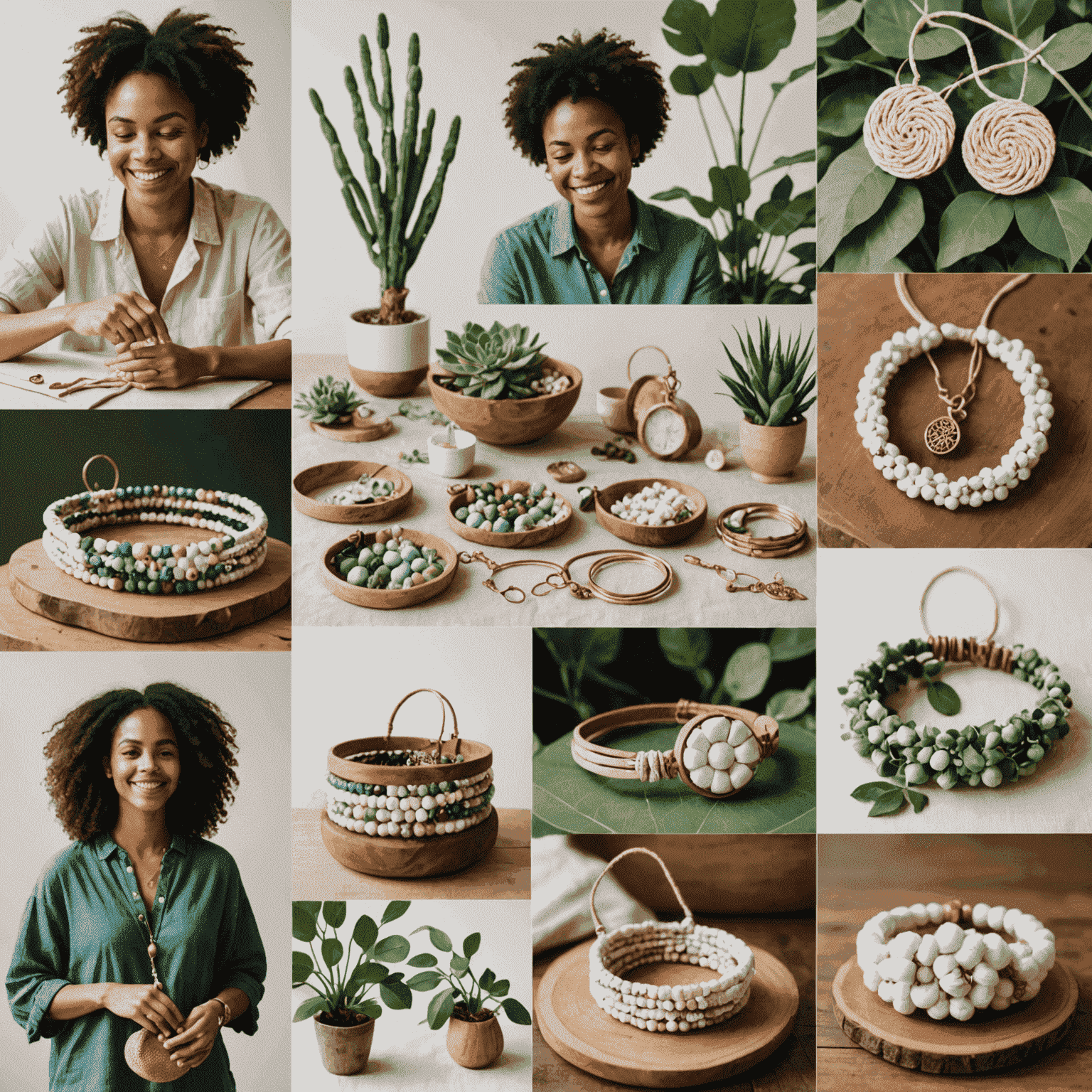 Collage of Etsy artisans creating eco-friendly handmade products, including recycled jewelry, organic cotton clothing, and upcycled home decor items